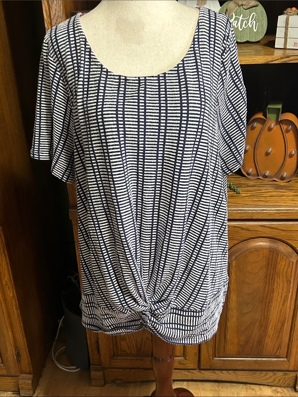 W5 Navy and White Striped Twist-Front Short Sleeve Tee